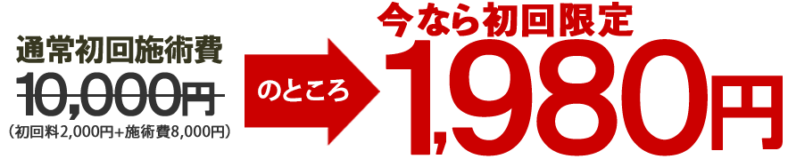 本気で改善したいあなたのための初回特別価格。通常初回10000円を初回限定980円でご提供致します。